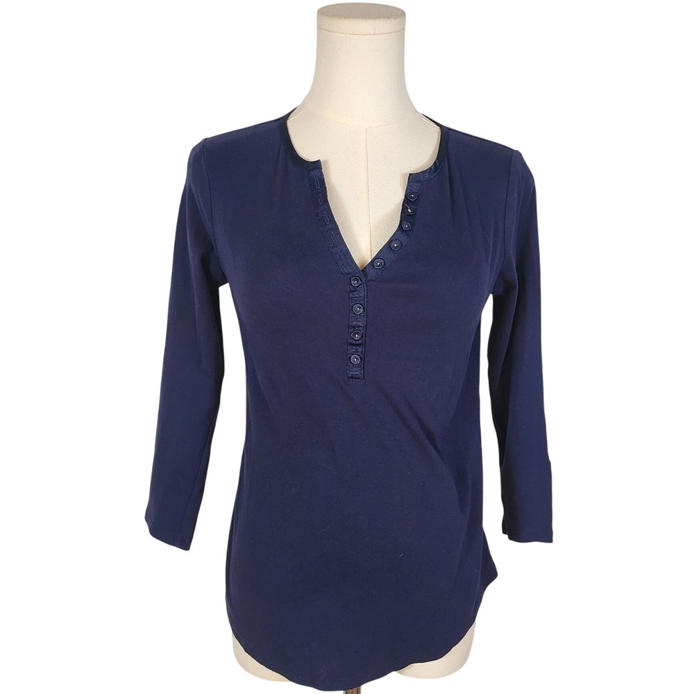 Westport Navy Blue Cotton Henley Shirt 3/4 Sleeve Button Up Women's XS